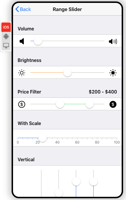 Framework7 skins: iOS (left), md (right).