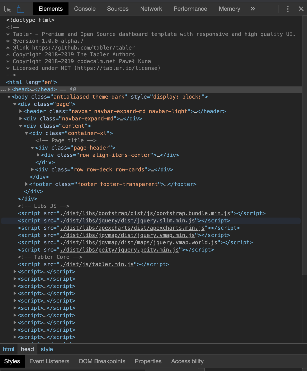 tabler dependencies overview.