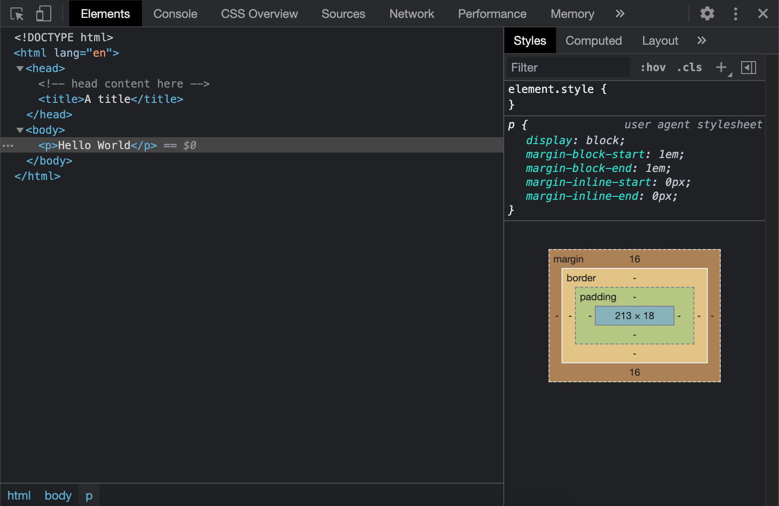 Inspection of the DOM in the Hello World example.