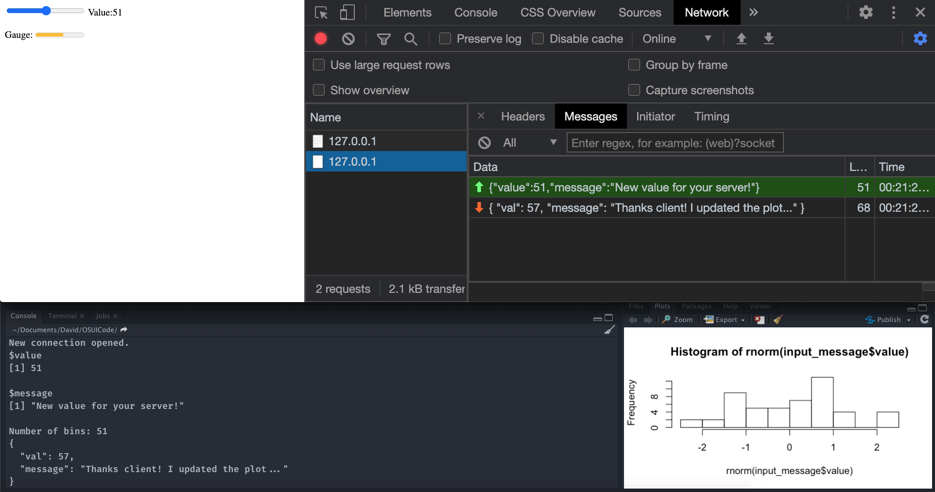 Server client communication through a websocket.